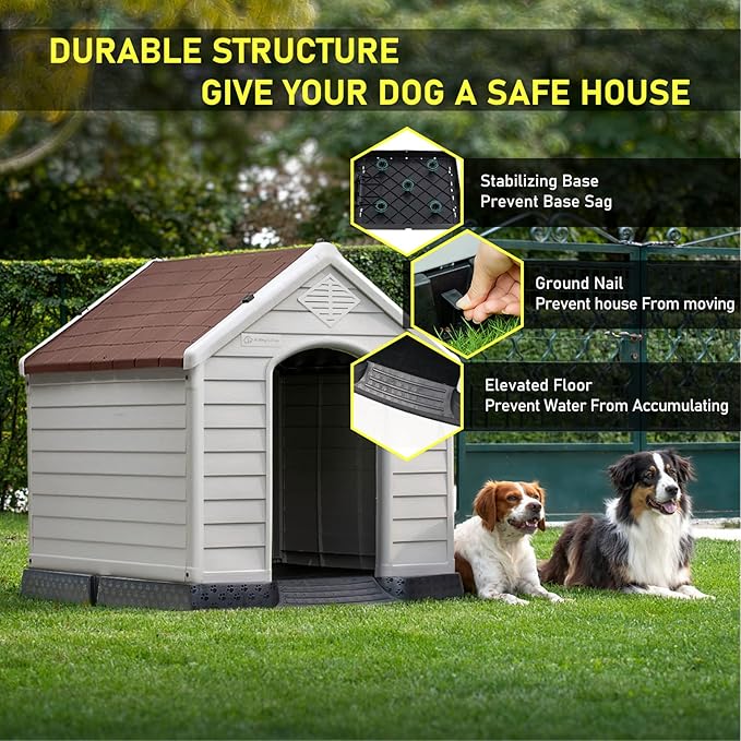 LEMBERI Durable Waterproof Plastic Dog House for Small to Large Sized Dogs, Indoor Outdoor Doghouse Puppy Shelter with Elevated Floor, Easy to Assemble (Brown, 42&