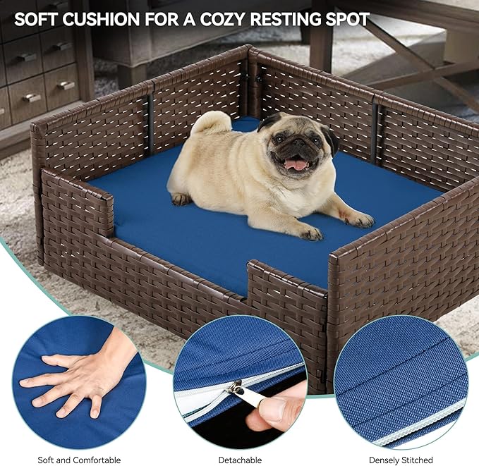 YITAHOME Rattan Dog Sofa Bed with Cushion,Wicker Pet Bed Sofa Couch Indoor Outdoor Water Unaffected for Large Medium Small Dogs Cats (24.8&