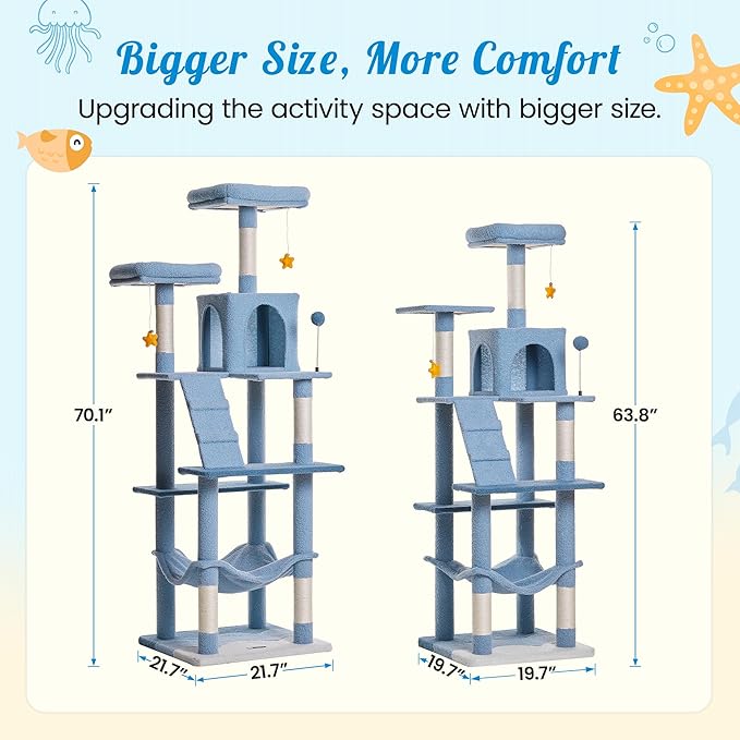 MWPO Ocean-Themed Cat Tree, 70.1-Inch Multi-Level Tall Tower for Indoor Cats, Plush Cat Condo with Big Padded Perches, Sisal-Covered Scratching Posts, Hammock, Toys for Kittens, Blue