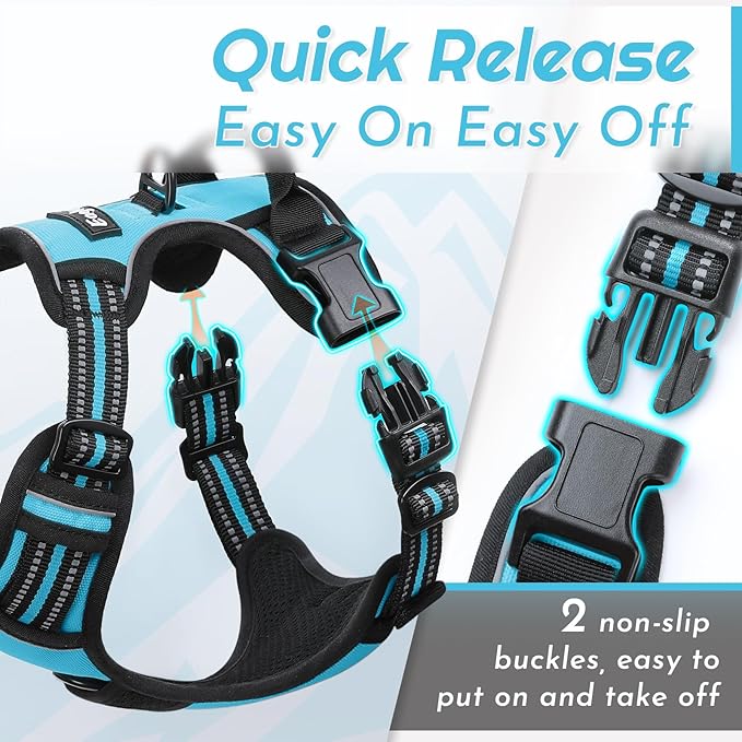 Eagloo Dog Harness for Large Dogs, No Pull Service Vest with Reflective Strips and Control Handle, Adjustable and Comfortable for Easy Walking, No Choke Pet Harness with 2 Metal Rings, Sky Blue, L
