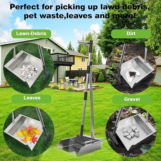 Heavy Duty Metal Pooper Scooper, Dog Pooper Scooper for Large Medium Dogs Long Handle Stainless Tray and Rake Set,Extremely Durable Metal Stainless Steel Dustpan for Indoor Outdoor Cleaning 。