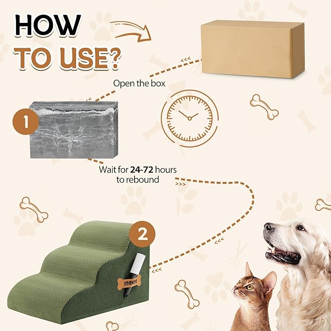 Romrol Dog Stairs Ramp for High Beds Couches, High Density Foam Pet Steps with Durable Non-Slip Waterproof Fabric Cover, Dog Stairs for Small Dogs or Cats or Pets, 3-Step,15 Inch,Green