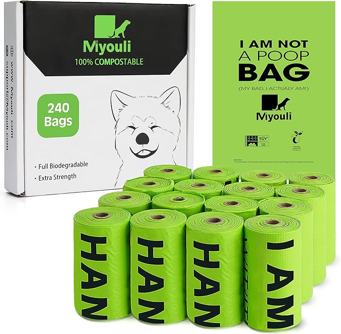 Certified Compostable Poop Bags for Dogs, 240 Poop Bags (16 Rolls), Landfill Friendly, Leak Proof Unscented Easy Open Poop Waste Bag(Green)