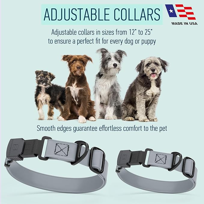 Dogline Biothane Waterproof Dog Collar with Herm Sprenger Black Stainless Steel Quick Release Buckle – Heavy Duty Tactical Durable Collar for Dogs – Comfortable and Safe Pet Collar W3/4" L12-19 Gray