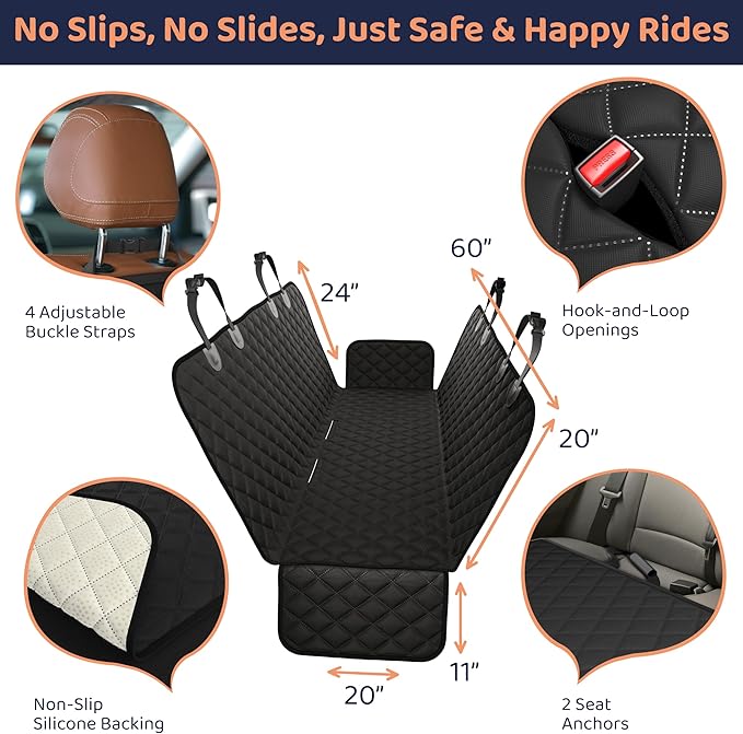 XL Dog Car Seat Cover for Back Seat, Waterproof Hammock for Car, SUV & Truck, Non-Slip Backseat Cover for Dogs, Heavy-Duty Dog Hammock Style Seat Protector Pets, Easy to Install & Clean