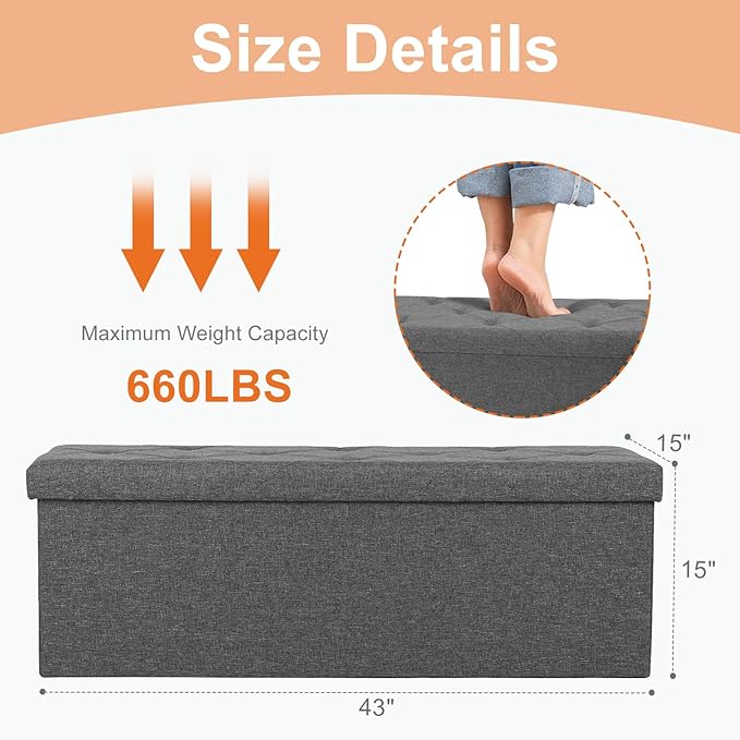 Sweetcrispy 30 Inches Folding Storage Ottoman Bench, Large End of Bed Foot Rest Stools Ottoman Storage Chest with Padded Seat for Bedroom, Living Room, Entryway, Holds up to 660 lb, Deep Grey