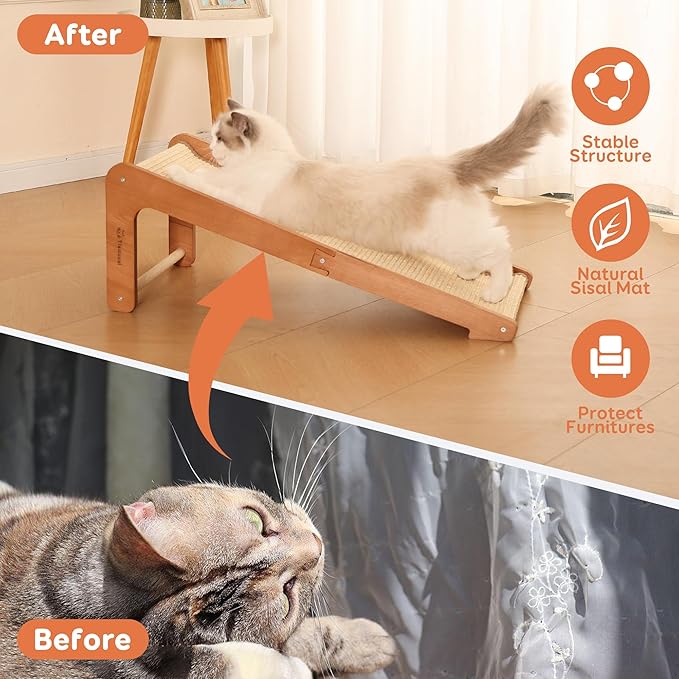 L-Shaped Cat Scratching Post - Beechwood Base, 28.5" Natural Sisal Woven Cat Scratch Pad, Durable Cat Scratcher, Furniture Protector for Cats&