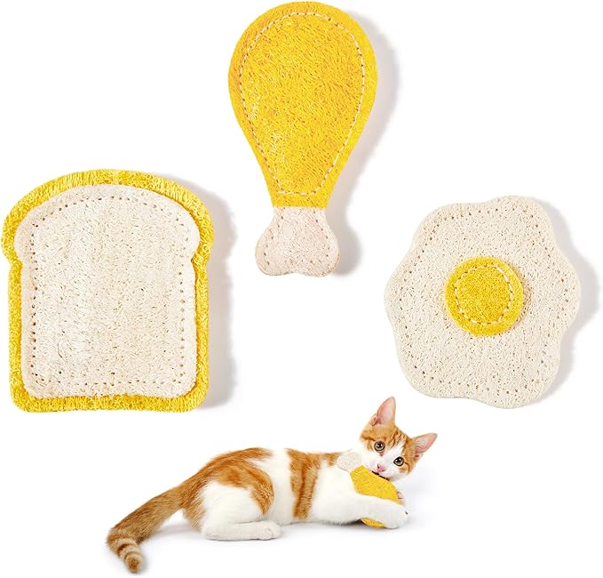 Potaroma Loofah Cat Chew Toys with Catnip and Silvervine, 3PCS Interactive Kitten Loofa Dental Teething and Biting Catnip Toys for Cat&