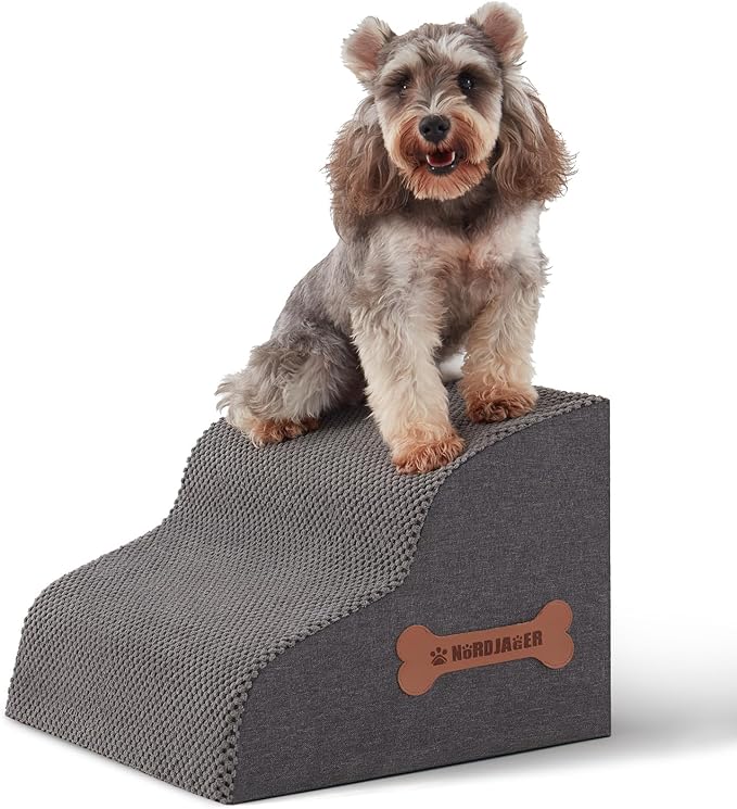 Dog Stairs for Small Dogs and Cats, 2 Steps Pet Stairs to Get on Couch Sofa and Chair, Indoor Non-Slip Balanced Portable Pet Step, High-Density Foam Ramp with Removable Washable Cover, Grey(11.8" H)