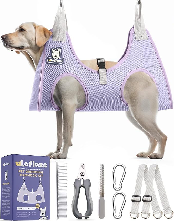 Dog Grooming Hammock Harness for Dogs & Cats with Pet Nail Clipper Trimmer - Cat Hanger Sling for Trimming Clipping Nails- Dog Hammock Restraint Bag for Small Medium Large pet ( Purple XL)