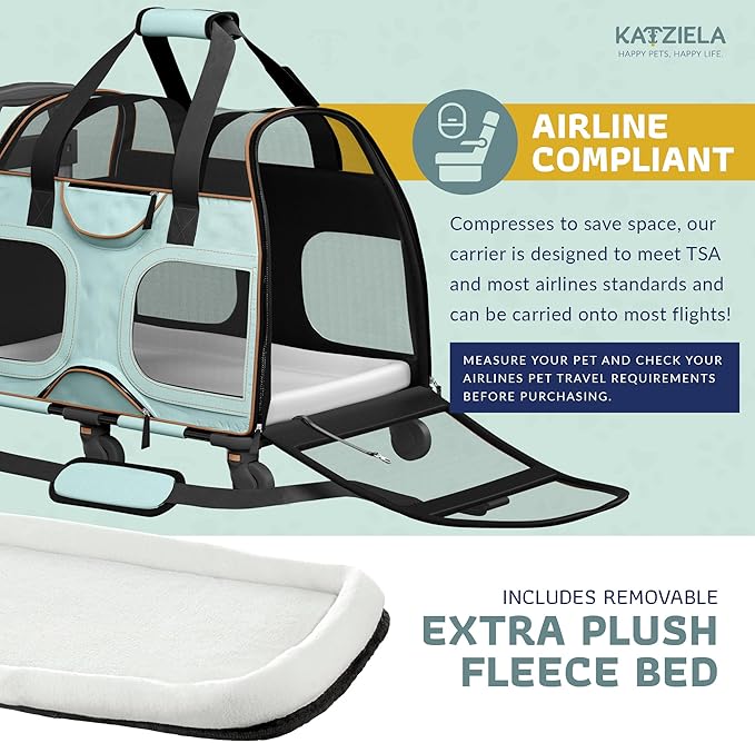 Katziela Pet Carrier - Airline Compliant Dog Carrier - TSA Approved Pet Carrier for Small Dogs and Cats - Soft FAA Travel Airplane Dog Carrier Luggage (Blue/Brown-6 Wheels)