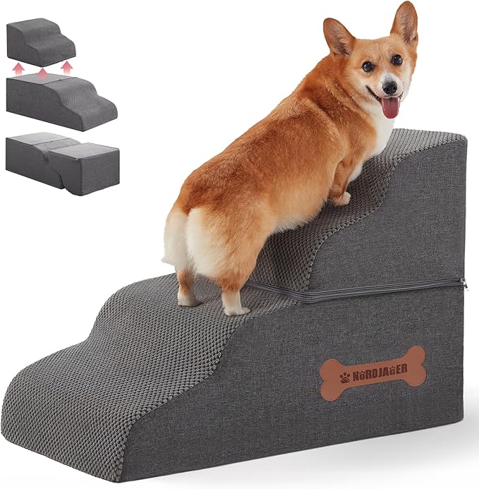 Dog Stairs 4 Steps for Small Dogs and Cats to Get on High Beds, Couch or Car, Pets Can Climb, Sit, Lie Down or Perch to Look Out Windows on The Spliceable Ramp, Provides Support, Grey(19" H)