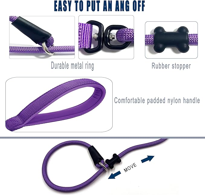 Slip Lead Dog Leash,Strong Nylon Rope Leash and Padded Handle,No Pull Outdoor Walking Training Lead for Small Medium Large Dogs (Purple, 1/2"×6ft)