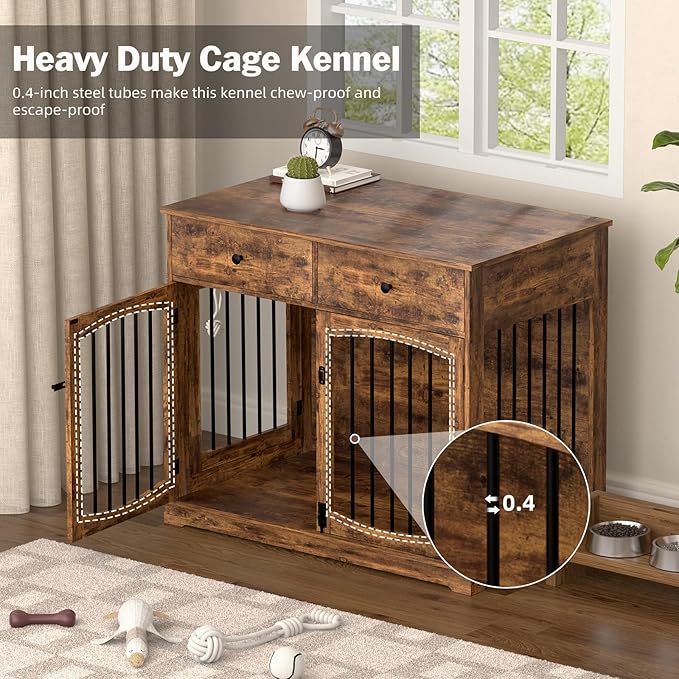 40 Inch Furniture-Style Dog Crate-Multipurpose Wood Pet Crate Furniture with Double Doors,2 Drawers, Decorative Dog House Indoor for Smal/Medium Dogs, Brown Finish
