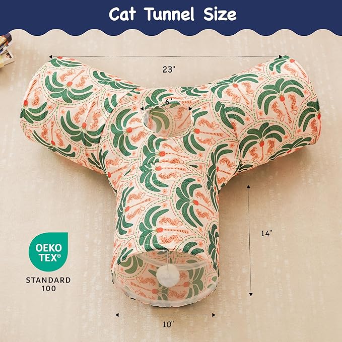 Tempcore Pet Cat Tunnel Tube Cat Toys 3 Way Collapsible, Cat Tunnels for Indoor Cats,Kitty Tunnel Bored Pet Toys Peek Hole Toy Ball Puppy, Kitty, Kitten, Rabbit Khaki Coconut Tree