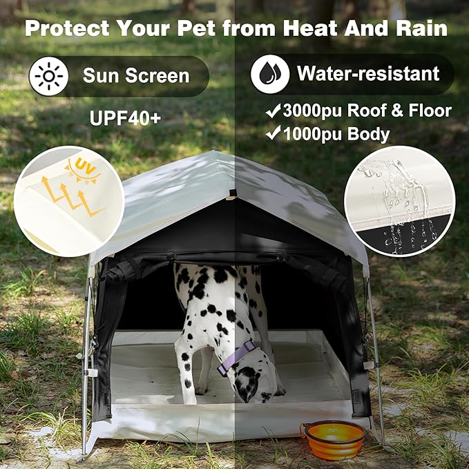 Dog Tent Cotton Fabric, Aluminum Poles and Camping Mat, Outdoor Weatherproof, Dog House Outdoor, Breathable with 2 Side Windows, Portable and Collapsible (Black, Large)