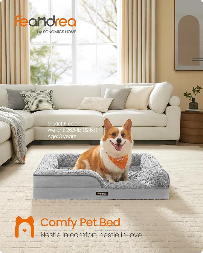 Feandrea Orthopaedic Dog Bed for Medium Dogs, Waterproof Dog Sofa Bed with Removable Washable Cover, 28 x 23 x 6.5 Inches, Dove Gray UPGW251G01