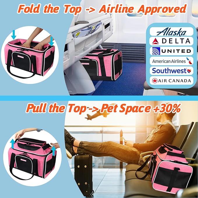 Petskd Top-Expandable Pet Carrier 17x11x9.5 Inches Alaska Airline Approved, Soft-Sided Carrier for Small Cats and Dogs with Locking Safety Zippers and Anti-Scratch Mesh(Pink)
