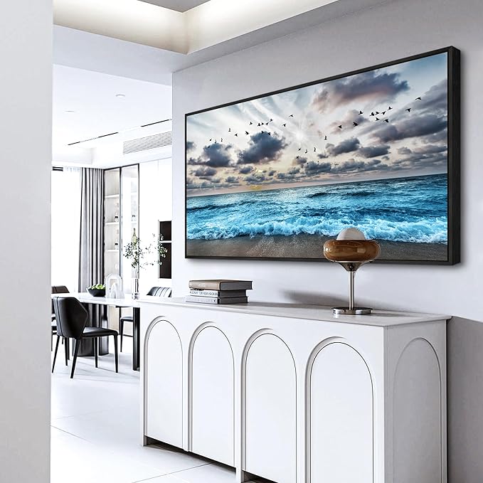 Wapluam Large Wall Decoration For Living Room Black Framed Canvas Wall Art For Bedroom Office Wall Decor Black And White Wall Painting Blue Sea Wave Pictures Artwork Modern Hotel Room Home Wall Art