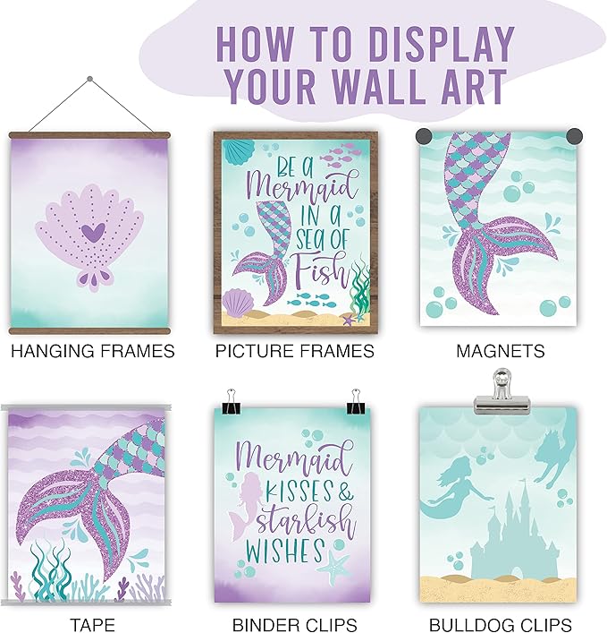 Hadley Designs 6 Mermaid Wall Decor – Reversible Magical Mermaid Wall Art for Nursery & Bathroom, Under the Sea Unframed Ocean-Themed Room Decor Prints for Girls&