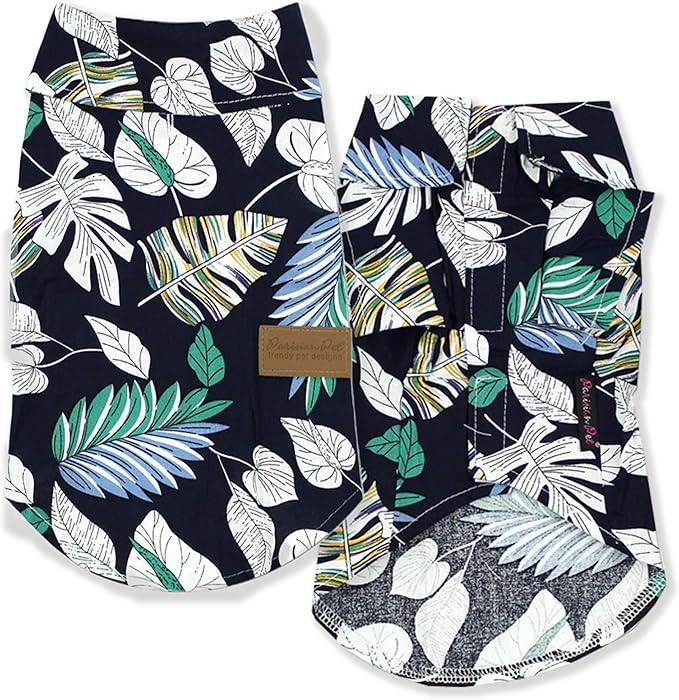 Parisian Pet Palm Leaves Dog Shirt - 100%Cotton Dog Summer Clothes - Stylish Dog Beach Oufit - Hook and Loop Closure Dog Costume - Machine Washable Dog Shirts for Small Dogs - L