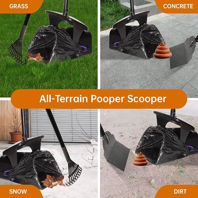 Dog Pooper Scooper with Bags & Dispenser - 37.4" Long Durable Metal Handle Swivel Bin & Rake & Spade Kit, Large Capacity Portable Pooper Scooper for Yards,Easy to Assemble