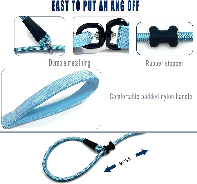 Slip Lead Dog Leash,Strong Nylon Rope Leash and Padded Handle,No Pull Outdoor Walking Training Lead for Small Medium Large Dogs (Light Bule,1/2"×4ft)