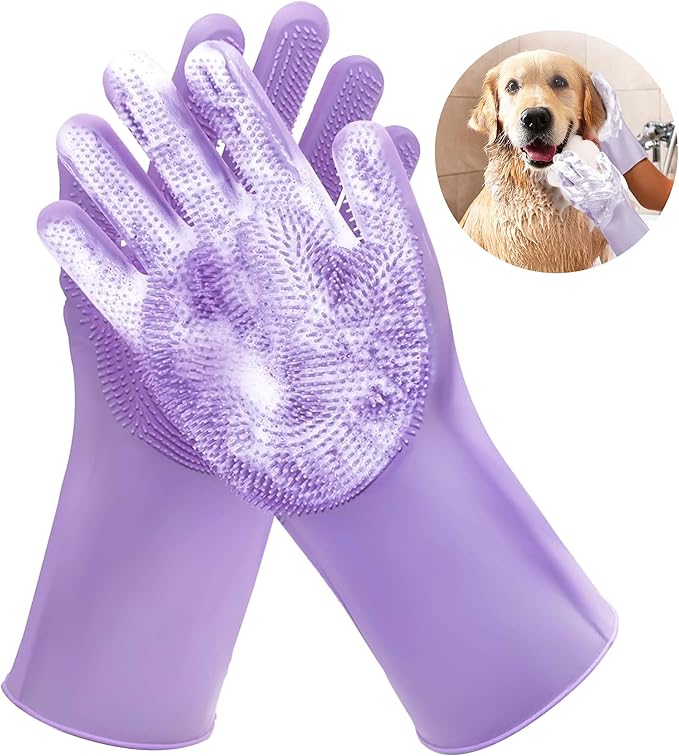 Pet Grooming Gloves,Heat-Resistant Silicone Gloves with High-Density Teeth for Enhanced Massaging and Bathing of Dogs and Cats (Purple, 2 Pair)