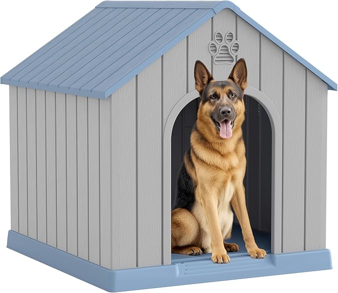 Large Dog House Outdoor Indoor for Medium Large Dogs, Durable Plastic Waterproof Doghouse with Air Vents and Elevated Floor, Easy Clean and Assemble (Blue, 36.2&