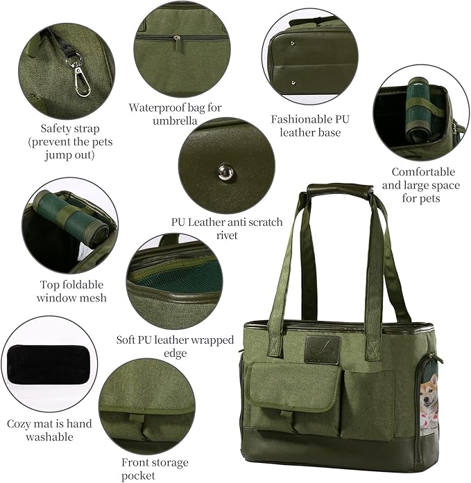 Dog Carrier, Cat Carrier, Pet Carrier, Foldable Waterproof Premium Oxford Cloth Dog Purse, Portable Bag Carrier for Small to Medium Cat and Small Dog(Green)