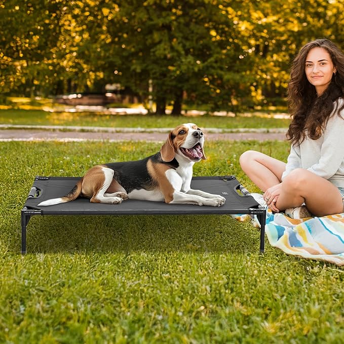 Petsfit Elevated Raised Outdoor Dog Bed - Cooling Elevated Dog Cot, Upgraded Adjustable Firmness Pet Bed,Pet Hammock Bed with Chew Proof Breathable Teslin Mesh,Non Slip, Black 42”