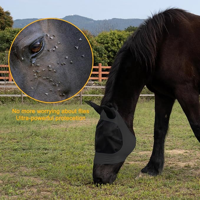 2 Piece Horse Fly Mask with Ears, Comfortable Fit Stretch Fabric Big Eye Space Soft Breathable with UV Protection for Full Horses (Red-Black)