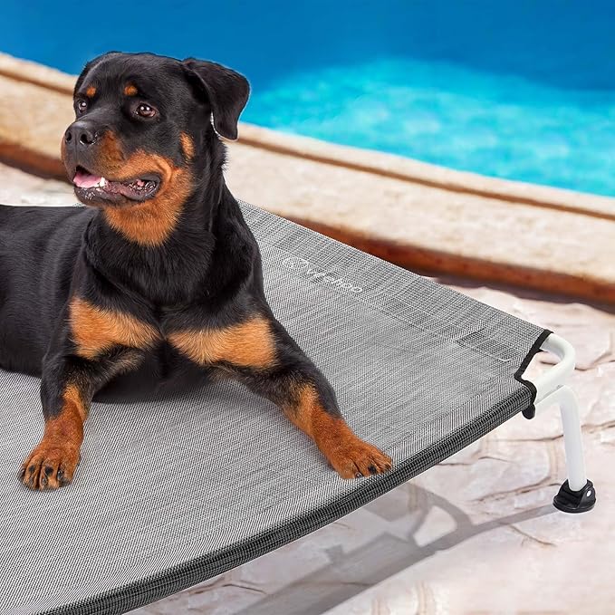 Veehoo Elevated Dog Bed for Outdoor, Cooling Waterproof Raised Dog Cots Beds XL, Curved Off Ground Pet Hammock Cot Lifted for Outside, up to 150lbs, White Legs, Black Silver 49"