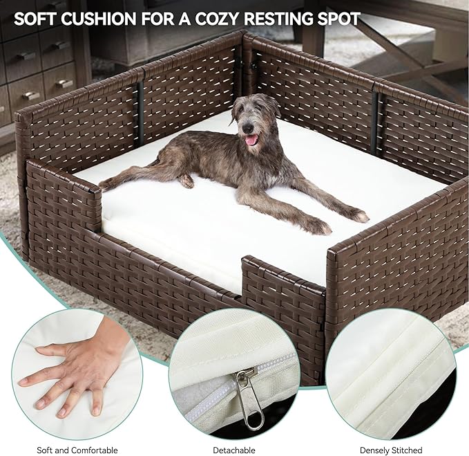 YITAHOME Rattan Dog Sofa Bed with Cushion,Wicker Pet Bed Sofa Couch Indoor Outdoor Waterproof for Large Medium Small Dogs Cats (38.6&