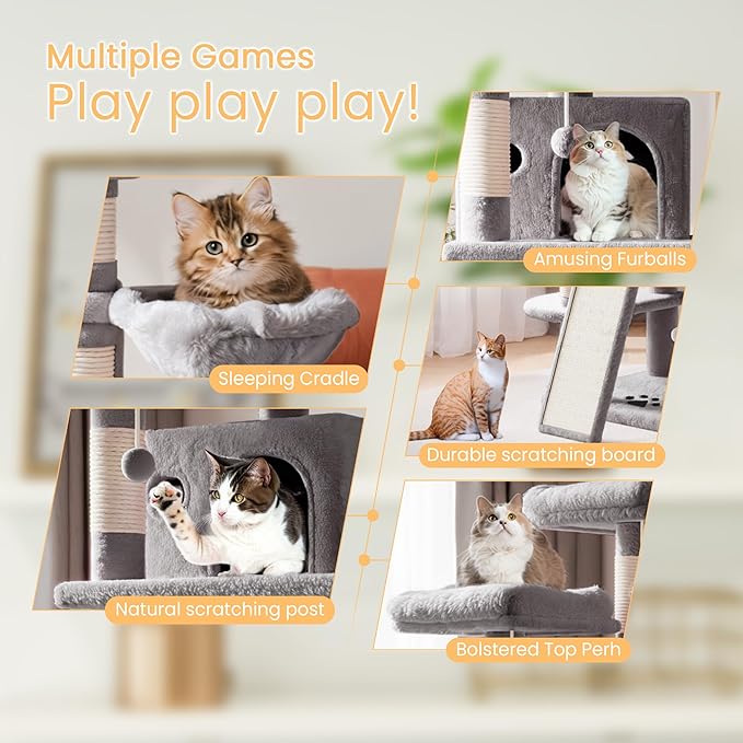 SHA CERLIN 68 Inches Multi-Level Large Cat Tree for Large Kitties/Big Cat Tower with Condo/Cozy Plush Pussycat Perches/Sisal Scratching Posts and Hammocks/Activity Center/Grey