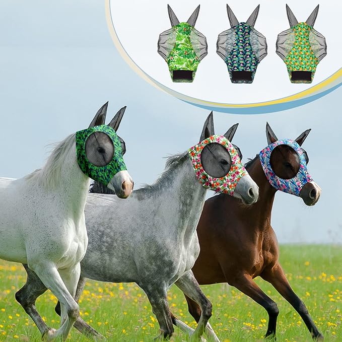 Chunful 6 Pcs Horse Fly Masks with Ears Smooth and Comfortable Cashel Mesh Fly Mask Elasticity Breathability UV Protection Horse Face Covering for Riding Supplies(Flamingo,Large)