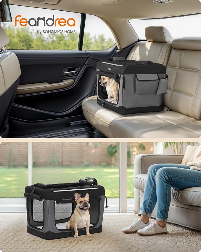Feandrea Collapsible Dog Crate, 24-Inch Portable Dog Travel Crate for Small Dogs, Oxford Fabric Pet Carrier with 4 Mesh Doors, Handles, Storage Pocket, Water Bottle Holder, Ink Black UPDC016B01