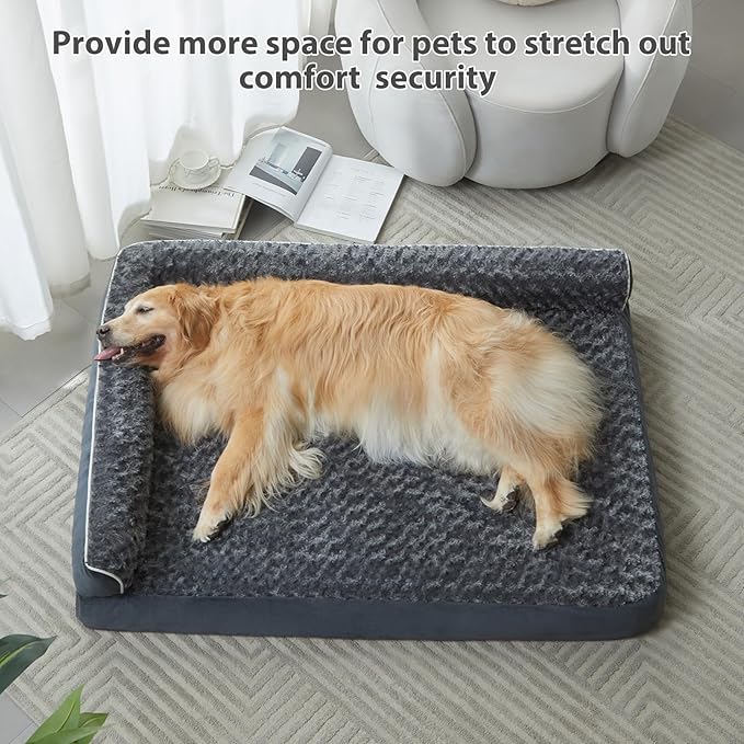 BFPETHOME Extra Large Orthopedic Dog Bed, L-Shaped Pet Bed for Dogs up to 100 lbs, Waterproof, Removable Washable Cover, Non-Slip Base, 48 x 35 x 7.5 inches, Dark Grey