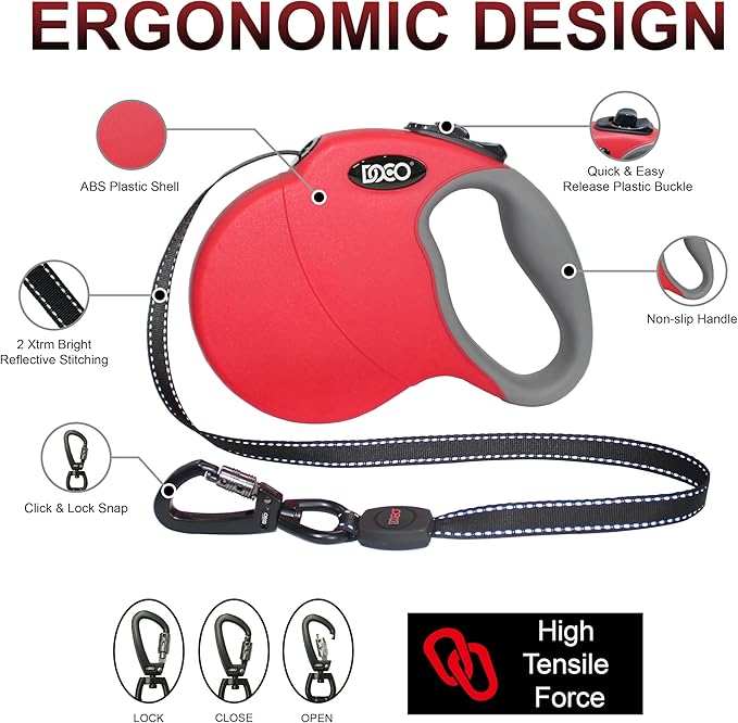 DOCO Retractable Dog Leash for Large Dogs (Length - 13ft, Weight - Upto 22lb) Reflective Tape Lead with Stop and Lock Control, Tangle Free 360° Swivel Snap & Anti-Slip Grip (Black, Small)