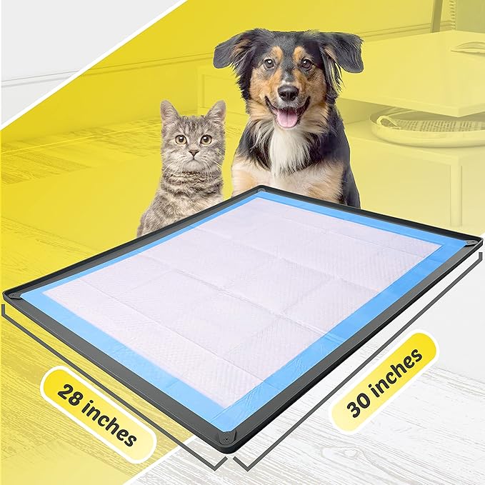 TidyFriend Dog Pee Pad Holder Tray Fits for 28” x 30” Pee Pads with Corner Lock Holes, Raised Edges, Non-Spill, Easy to Clean Silicone Dog Potty Tray Holder, for Indoor Floor Protection (Grey)