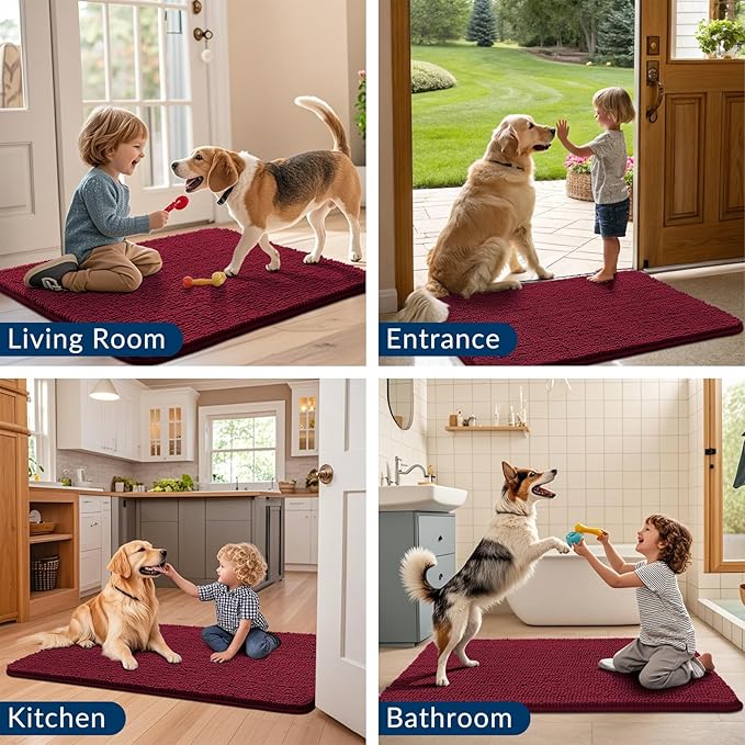 Smiry Dog Door Mat for Muddy Paws 70x24, Absorbs Moisture and Dirt Doormat, Non-Slip Washable Quick Dry Chenille Front Door Mat Indoor Entrance, Entryway Carpet for Inside Floor, Burgundy