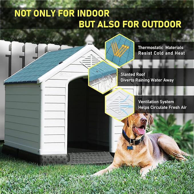 LEMBERI Durable Waterproof Plastic Dog House for Small to Large Sized Dogs, Indoor Outdoor Doghouse Insulated Puppy Shelter with Elevated Floor, Easy to Assemble (Blue, 34&