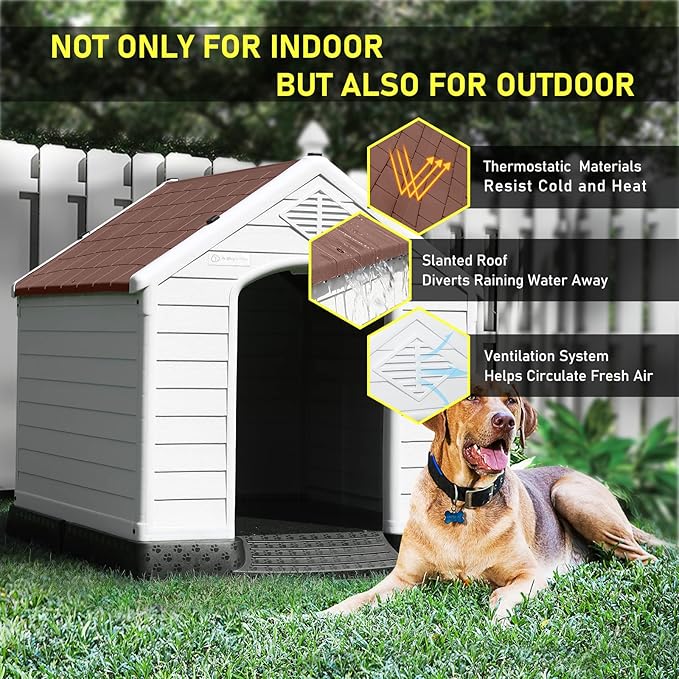 LEMBERI Durable Waterproof Plastic Dog House for Small to Large Sized Dogs, Indoor Outdoor Doghouse Puppy Shelter with Elevated Floor, Easy to Assemble (Brown, 42&