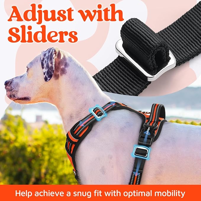 rabbitgoo Dog Harness for Large Dogs, No Pull Pet Vest with 3 Buckles, Adjustable Soft Padded Pet Harness with Easy Control Handle and Reflective Strips, Orange, L