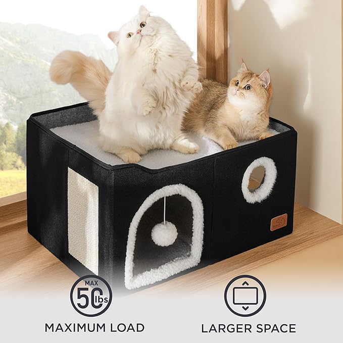 Bedsure Large Cat Beds for Indoor Cats - Extra Wide Cat Cube House for Small Pet with Fluffy Ball Hanging and Scratch Pad, Foldable Pet Cave Hideaway for Multiple Cats, 23.6x16.9x13 inches, Black