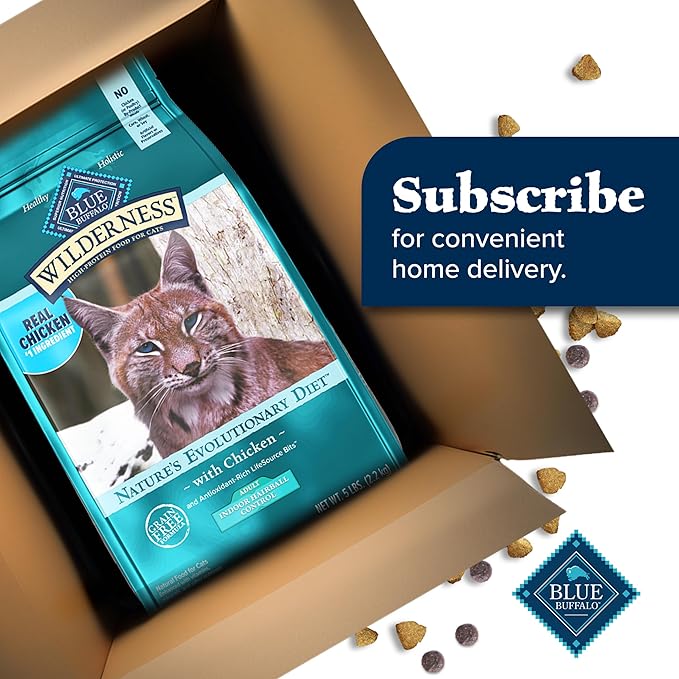 Blue Buffalo Wilderness High-Protein, Grain-Free Natural Dry Food for Adult Cats, Indoor Hairball Control, Chicken, 11-lb. Bag