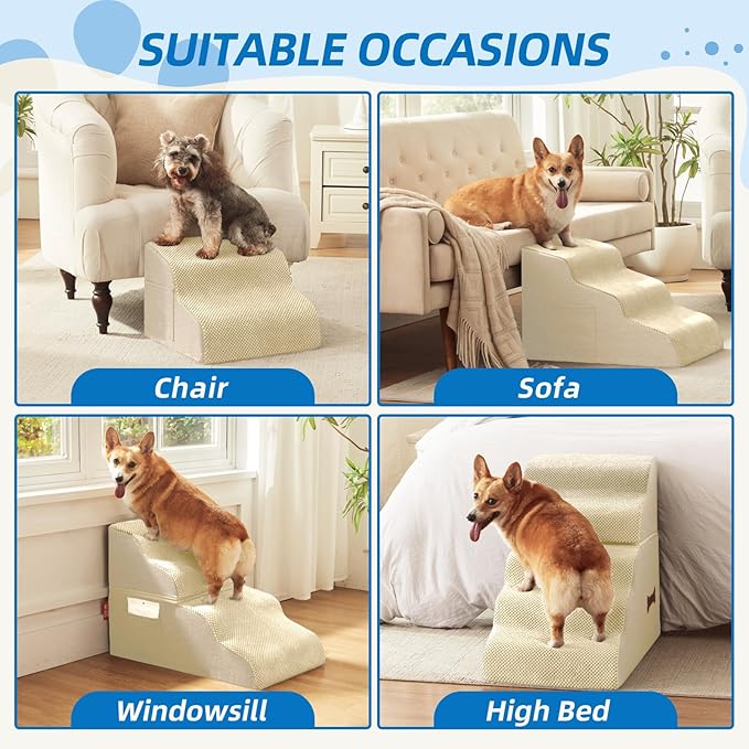 Dog Stairs for Small Dogs and Cats, 2 Steps Pet Stairs to Get on Couch Sofa and Chair, Indoor Non-Slip Balanced Portable Pet Step, High-Density Foam Ramp with Removable Washable Cover, Beige(11.8" H)