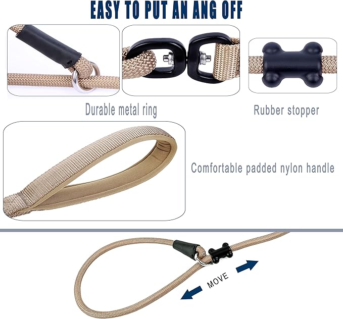 Slip Lead Dog Leash,Strong Nylon Rope Leash and Padded Handle,No Pull Outdoor Walking Training Lead for Small Medium Large Dogs(Light Military Tan, 1/2"×4ft)
