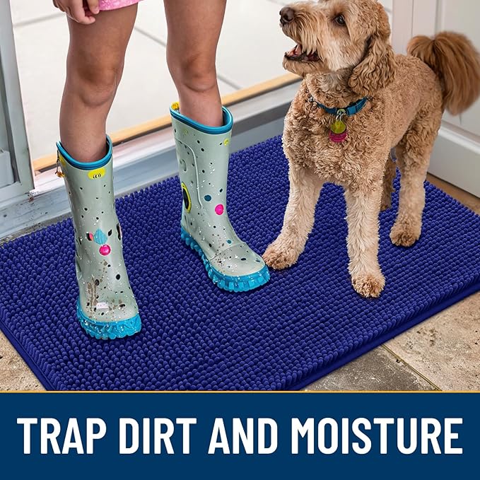 Smiry Dog Door Mat for Muddy Paws 59x35, Absorbs Moisture and Dirt Doormat, Non-Slip Washable Quick Dry Chenille Front Door Mat Indoor Entrance, Entryway Carpet for Inside Floor, Navy Blue