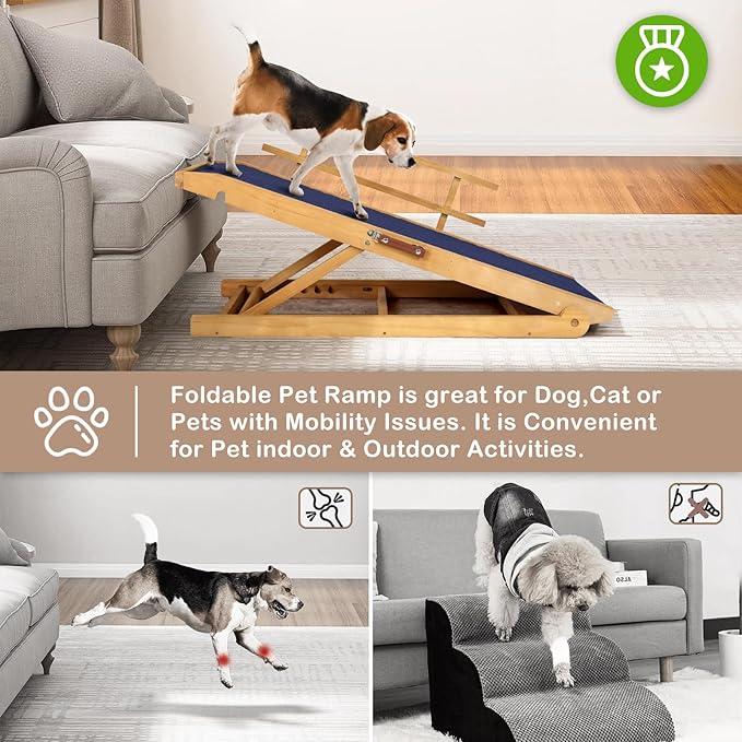 Dog Ramp for Beds, Cars, Couches, Dog Steps Anti-Slip Surface, Dogs Ramps for Old Small Pet,High Traction with Platform, 7 Adjustable Heights 16" to 27" Up, Portable Stairs Design for Dogs, 45.3" Long